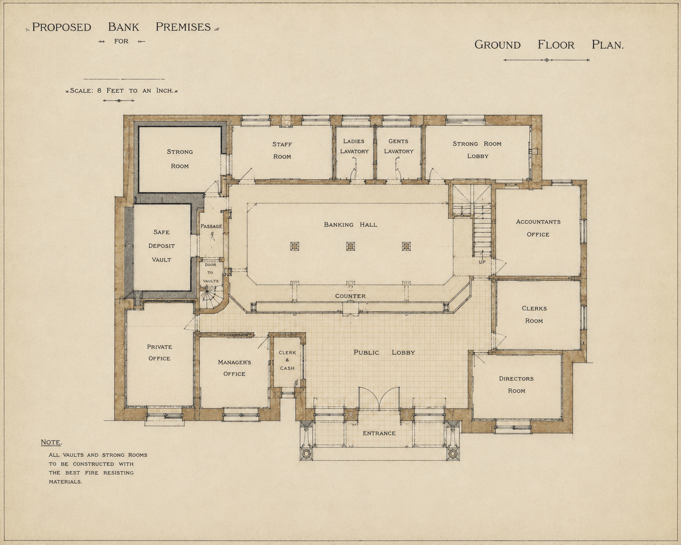 J.B. Nicol's 1932 ground-floor plan for the new savings bank, 8 Holburn Street, Aberdeen, showing the banking hall, counter, strong room and vault